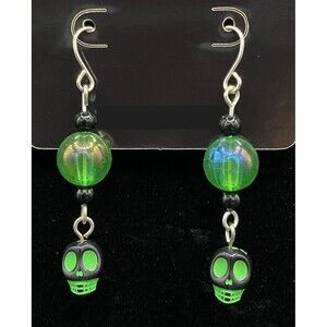 Handmade Neon Green & Black Skull Green & Black Bead Earrings by Neanie-Bot